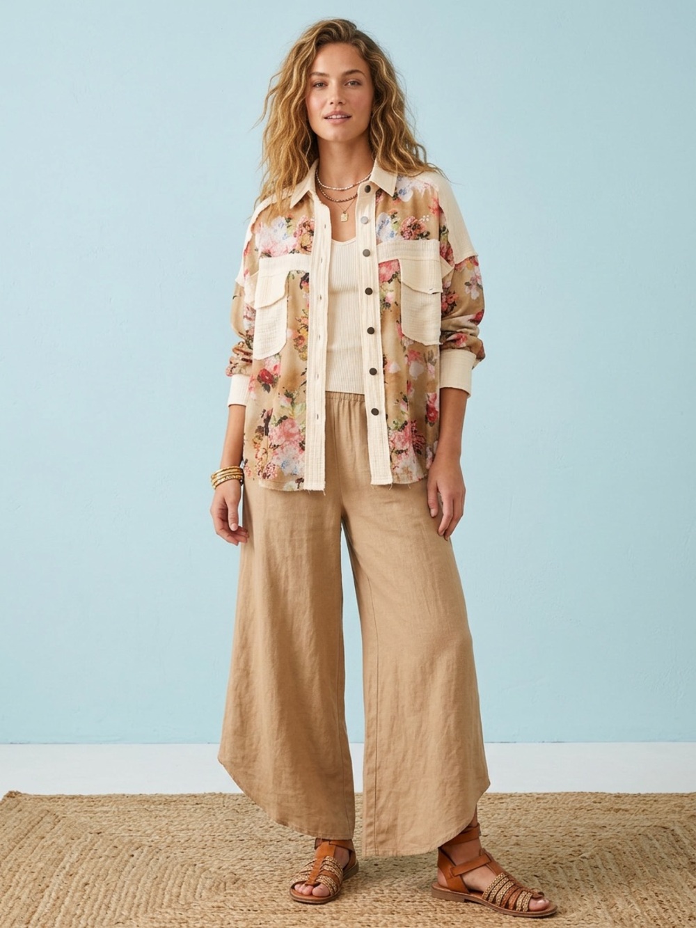 Floral & Cotton Gauze Button-Down Shirt in Cream & Blush
